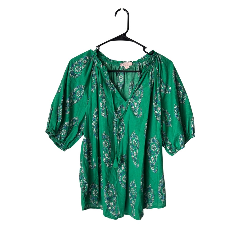Knox Rose Green Paisley Floral Puff Sleeve Tassel Tie Cotton Blouse Medium